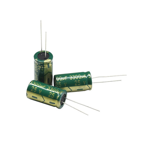 10 Pack Tough As Nails 3300Uf 25V Aluminum Electrolytic Capacitors 13X25Mm showing three capacitors with green bodies and leads.