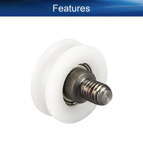 Heavy Duty M6 V Groove Bearing Pulley Wheel With Nylon Roller And Steel Shaft For Threaded Rod Track Guide Linear Motion Glide Slick Silent Tracking 6X22X8Mm close-up showing nylon wheel and steel shaft.