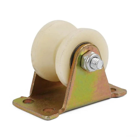 Heavy Duty Nylon Grooved Roller Pulley With Precision Double Bearing And Rust Proof Galvanized Steel Mount Bracket, side view, tough build.
