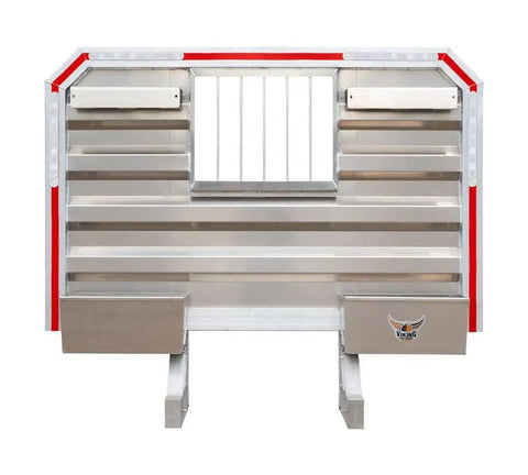 Built To Spec Aluminum Headache Rack And Logger Toolbox Kit For Big Rigs featuring dimpled mirror finish and side storage bins.
