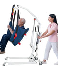 Rock Solid Folding Electric Patient Transfer Lift 440 Lbs Capacity helping user transfer safely with 360 rotating jib arm