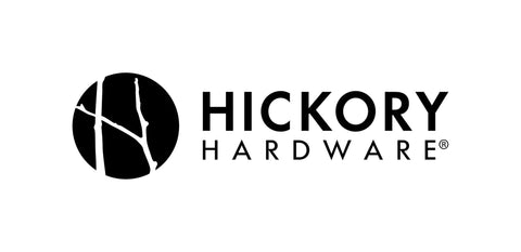 Hickory Hardware logo displaying company name and stylized branch icon in black.
