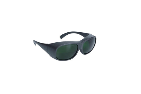 Top Tier Laser Safety Glasses For Handheld Laser Welding And Fiber Rigs featuring dark green OD8+ tinted lenses and sturdy black polycarbonate frames.