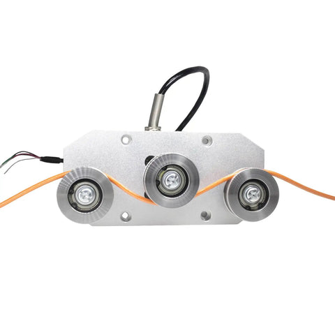 Built Tough Workhorse Tension Sensor For Wire Rope Featuring Triple Pulley Setup Rock Solid Load Cell Force Meter Up To 20Kg Capacity, showing three pulleys with cables.