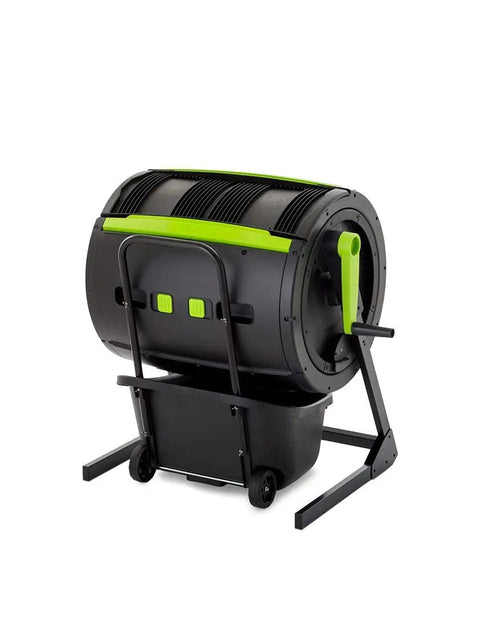Maze Compost Tumbler With Geared Handle For Easy Turning No Hassle 65 Gallon Capacity UV Resistant High Impact Plastic Low Profile Cart For Quick Transport And Unloading Black.