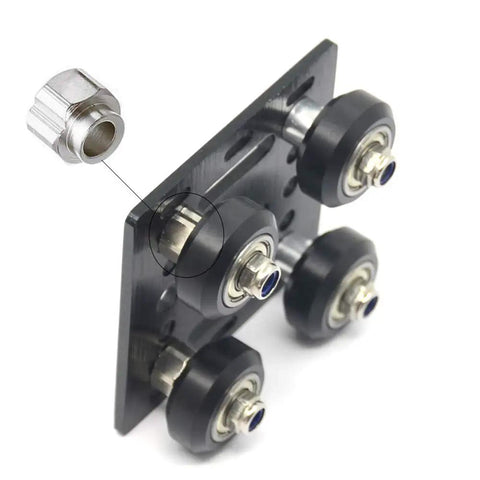 Top Shelf Pom V Slot Wheels And Pulleys Kit with double bearings and hexagonal eccentric posts on a black plate.
