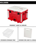 Beefy Milwaukee Packout 40Qt XL Cooler 3Pc Set With Impact Resistant Polymer Body White Red Heavy Duty Rolling Tool Box Built To Handle 250 Lb Load 9 Inch All Terrain Wheels Industrial Grade Handle