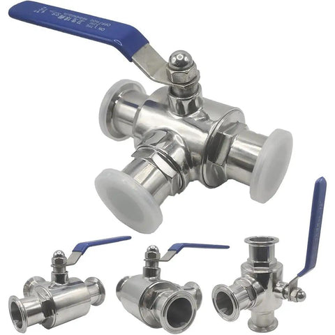 Professional Grade Hardcore Stainless Steel 3 Way Tri Clamp T Port Ball Valve With Slick Quarter Turn Handle, detailed view.