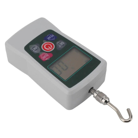 Heavy Duty Digital Force Gauge And Push Pull Meter That Works Like A Champ For Tension Tests showing display and hook.