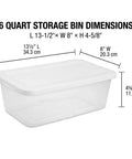 6 quart storage bin dimensions with length 13.5 inches, width 8 inches, height 4.625 inches, for organizing shoe boxes.