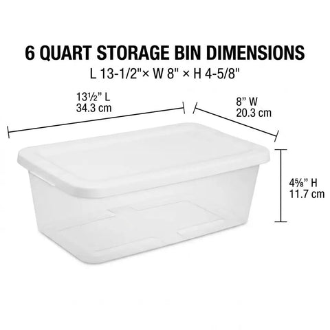 6 quart storage bin dimensions with length 13.5 inches, width 8 inches, height 4.625 inches, for organizing shoe boxes.