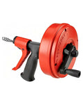 Pro Grade Heavy Duty Auto Feed Drain Auger With Sturdy Drill Adapter For Fast No Sweat Clog Removal And Super Slick Pipe Snaking For Kitchen And Bathroom Drain Rig, red drum with handle and snake.