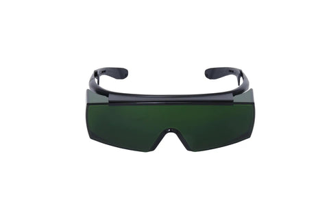Heavy Duty Laser Safety Glasses For Handheld Welding And Fiber Laser Use. Black frame with OD8 rated green lens, designed for protection.