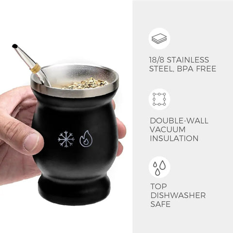 Level Up Your Daily Sip Routine With This Sleek Double Wall Stainless Steel Yerba Mate Cup Set Featuring Two Reliable Bombillas And A Hassle Free Cleaning Brush, black stainless steel yerba mate cup held in hand.