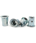 Heavy Duty Flat Head Threaded Insert Nut Zinc Plated Carbon Steel Hex Rivet With Knurled Body For Sheet Metal Steel And Aluminum Strong Fastener That Prevents Spinning During Installation, showing multiple angles of zinc plated nuts.