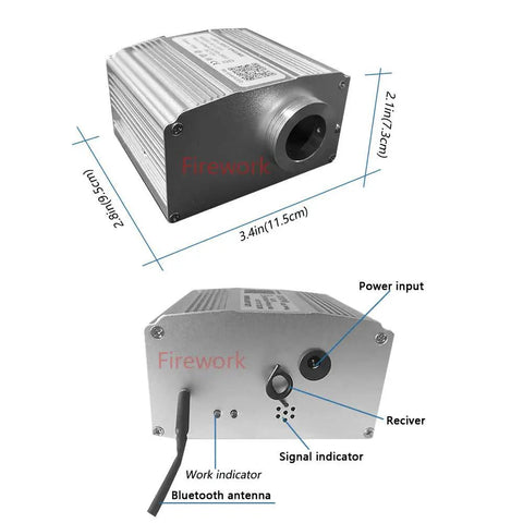 Bluetooth App Controlled Twinkle Fiber Optic Light Engine 32W with Remote Control, silver box design, dimensions, ports labeled