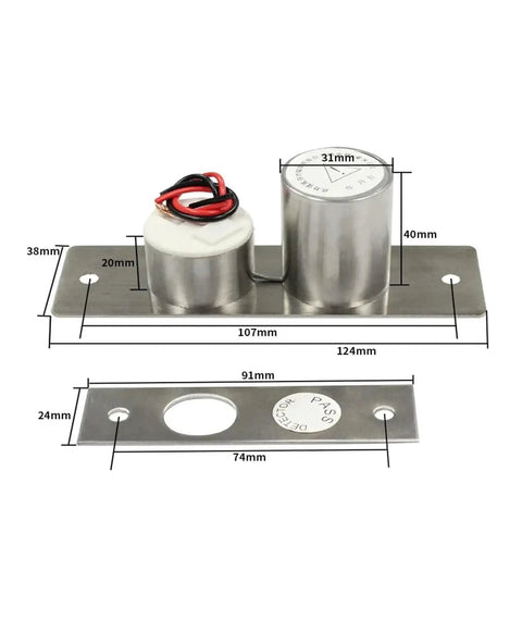 Rock Solid Drop Bolt Deadbolt Electronic Lock With Hassle Free Access Control System For Secure Gate And Glass Doors Featuring Bulletproof Magnetic Strike and tight grip operation, showing dimensions and metal components.