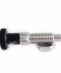 Built Tough Retractable Plunger Handle Spring Pins Featuring Dead Nuts Precision Indexing and Slick Self Resetting Action For Heavy Duty CNC Jigs Assembly Fixtures and Woodworking Projects, stainless steel pin with black handle.