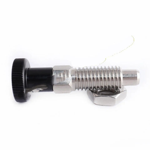 Built Tough Retractable Plunger Handle Spring Pins Featuring Dead Nuts Precision Indexing and Slick Self Resetting Action For Heavy Duty CNC Jigs Assembly Fixtures and Woodworking Projects, stainless steel pin with black handle.