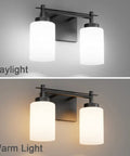 Two Light Black Vanity Sconces with Milky Glass Shades showing daylight and warm light, vintage black metal, UL listed, easy install.