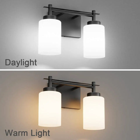 Two Light Black Vanity Sconces with Milky Glass Shades showing daylight and warm light, vintage black metal, UL listed, easy install.