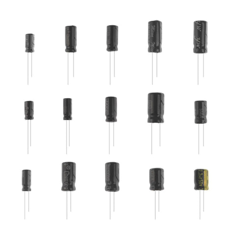 Premium Electrolytic Capacitor Assortment Kit With 200 Pieces Covering 15 Values From 0.1 Microfarad To 220 Microfarad At 16 Volt 25 Volt And 50 Volt Ratings, showcasing various black capacitors on a white background.