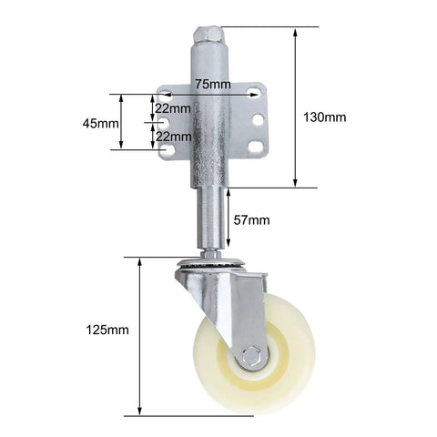 Four Inch Spring Loaded Gate Wheel With Heavy Duty Nylon Swivel Caster and Universal Mount for Garden Fences, detailed dimensions.