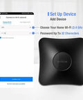 IR and RF Universal Remote Hub With WiFi Code Learning setup screen next to black remote hub device