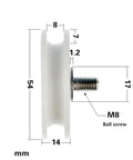 10 Pack U Groove Nylon Pulley Wheels Featuring Plastic Coated 6200ZZ Sealed Bearings 54mm Diameter Side View With M8 Ball Screw