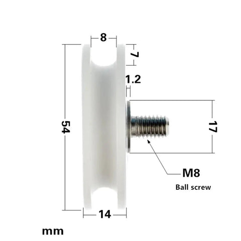 10 Pack U Groove Nylon Pulley Wheels Featuring Plastic Coated 6200ZZ Sealed Bearings 54mm Diameter Side View With M8 Ball Screw