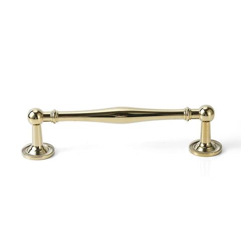 Solid Brass Cabinet Pull And Drawer Knob With Modern Grooved Base Design in Antique Brass Gold on white background