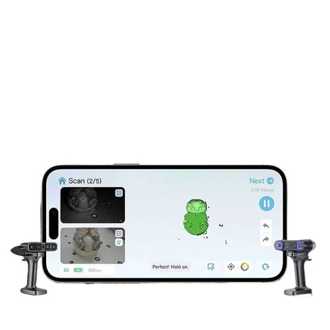 Wireless 6 WiFi Adapter For 3D Scanners That Cuts The Cord And Keeps Things Breezy While Delivering Crisp Scans With Zero Sweat For Portable Otter Models And Stations next to a smartphone displaying a scan.
