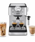 Silver 15 Bar Espresso Coffee Machine With Adjustable Brewing Controls For Homemade Cappuccinos And Lattes with two espresso cups and a glass of cappuccino.