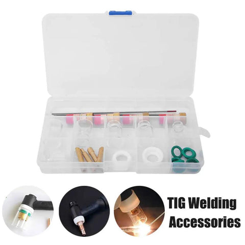 Pro Level TIG Welding Conversion Kit Compatible With WP17 WP18 WP26 Torches Packed With Rock Solid Copper Clamps Gas Lens Insulators Glass Cups And Tungsten Needles For Crisp Arc Starts in clear case.