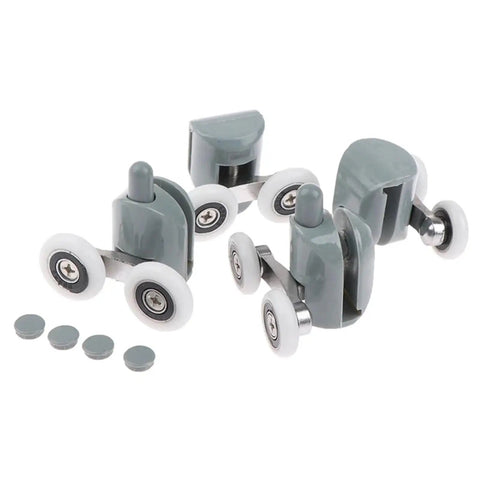 Top Shelf Shower Door Rollers Double Gliding Heavy Duty Zinc Alloy Pulleys with gray and white wheels and bearings, 12 pack.
