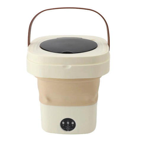 Ultra Compact Portable Washing Machine 8.5 Liter Foldable Mini Laundry Tub in khaki with a black lid and handle.