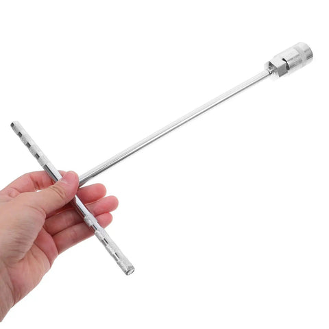 Straight Shooter T Handle Socket Wrench Set Forged From Heavy Duty Steel To Crack Open Stubborn Nuts And Bolts Without Breaking A Sweat held in hand.