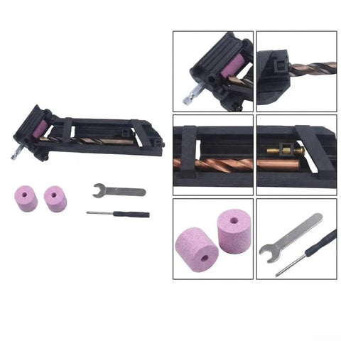 No Nonsense Drill Bit Sharpener Portable Adjustable Angle Grinder Jig For Woodworking And Metal Bits Quick Revival Tool, showing jig and grinding wheels.