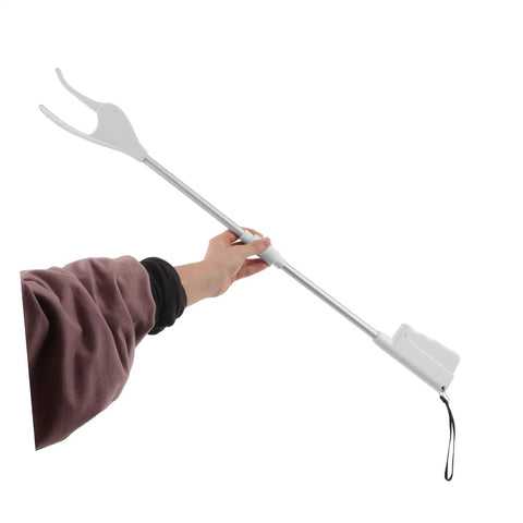 Long Reach Grabber Tool For Seniors 28 Inch Portable Reacher With Non Slip Grip And Stainless Steel Claw Ideal For Kitchen Balcony Home Care Travel in white, held by hand