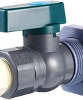 Top Shelf Ball Valve Rain Barrel Diverter Kit With Three Quarter Inch Barbed PVC Connector And Quick Fit Garden Faucet Adapter For Water Tanks. Close-up of valve with green handle.