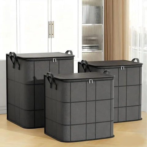 Roomy Large Capacity Moving Storage Bag With Smooth Clip Zipper And Foldable Build Heavy Duty Canvas Tote stacked in a modern room.