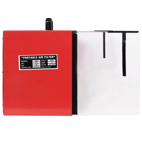 Portable Red Steel Tabletop Dust Collector Packing Killer 725CFM Airflow And Smooth Variable Speed Controls For Woodworking Shops with air filter details.