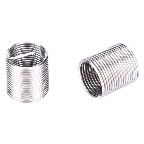 Stainless steel threaded inserts from Pro Grade 17 Piece Thread Repair Kit With Stainless Steel Twisted Drill, Tap Wrench And M10x1 Threaded Inserts.