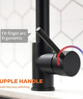 Ergonomic handle of Led Light Kitchen Faucet With Pull Down Sprayer in Matte Black 304 Stainless Steel with fit finger arc handle detail.