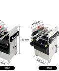 Two semi automatic PCB cutting machines for lead wires and board pins, 200E and 250E models, sturdy steel frame, easy operation.