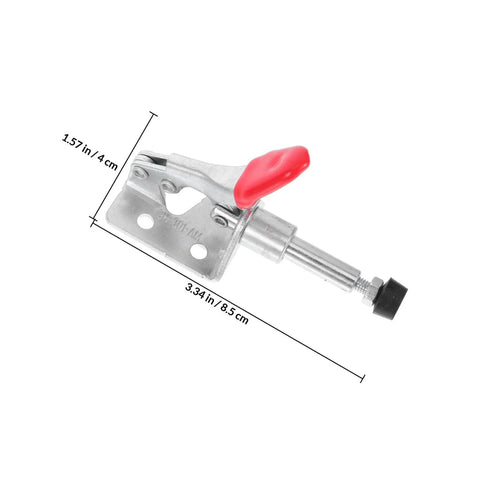 Horizontal Push Pull Toggle Clamps Quick Release Welding Table Clamps, heavy-duty fixture with iron body and PVC handle, dimensions shown