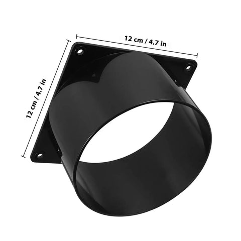 Homoyoyo Abs Duct Connector Flange With Square Base 120mm black duct adapter for dust collection, showing smooth surface and dimensions.
