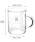 2 Pack 16 Oz Caffeine Beaker Mug Set, Borosilicate Glass Chemistry Themed Coffee Mugs For Science Nerds And Teachers, shown with measurements