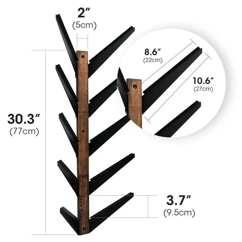Five Tier Skateboard Wall Mount Rack With Rustic Wood And Black Steel Hooks For Tight Garages dimensions showing height of 30.3".