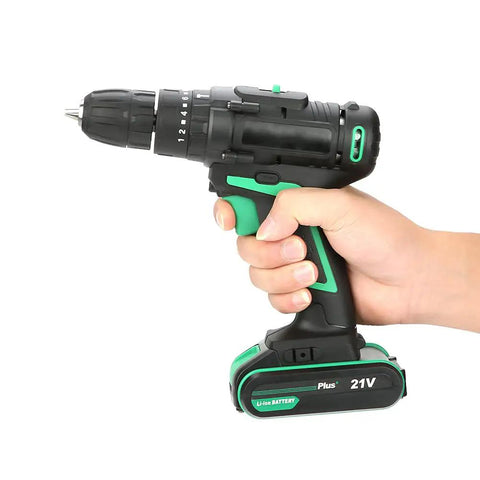 Professional Grade Heavy Duty Badass Cordless Drill 21V Electric Power Tool 45Nm Direction Reversible Switch US Plug 110V held in hand.
